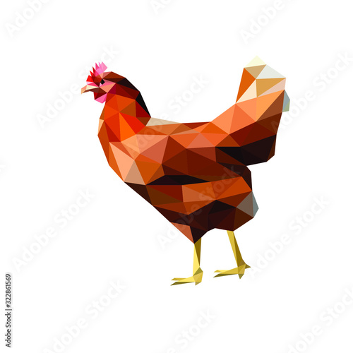 Colorful chicken in a low poly style. Isolated poultry made of triangles on a white background. Geometric polygonal bird. Modern logo design for butcher shop, farmers market. Stock vector illustration
