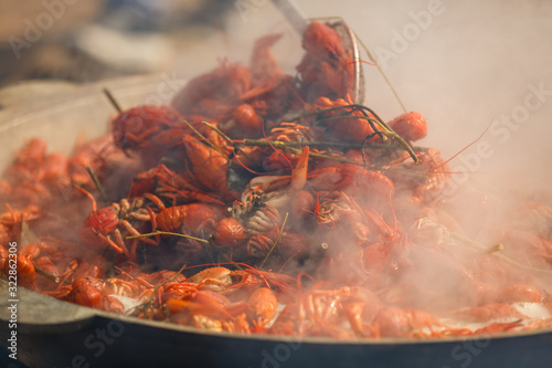 Obraz na plátně boiled crayfish with seasoning, Large pot