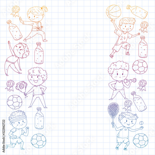 Children and sport. Vector illustration of activities. Football, soccer, running, dancing, martial arts. Health care in school and kindergarten.