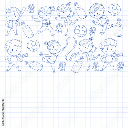 Children and sport. Vector illustration of activities. Football, soccer, running, dancing, martial arts. Health care in school and kindergarten.