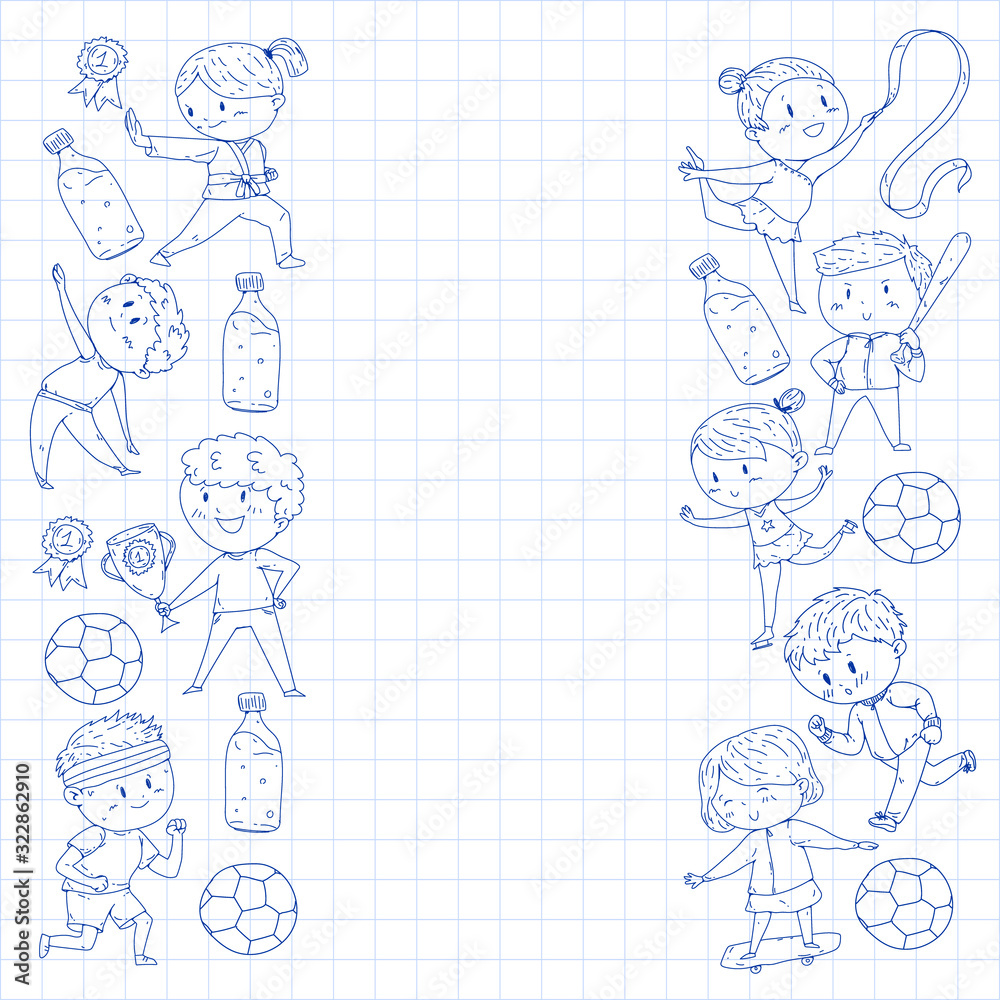 Children and sport. Vector illustration of activities. Football, soccer, running, dancing, martial arts. Health care in school and kindergarten.