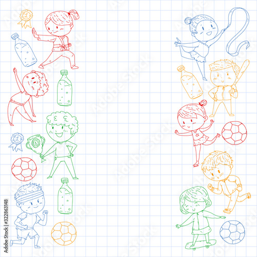 Children and sport. Vector illustration of activities. Football, soccer, running, dancing, martial arts. Health care in school and kindergarten.