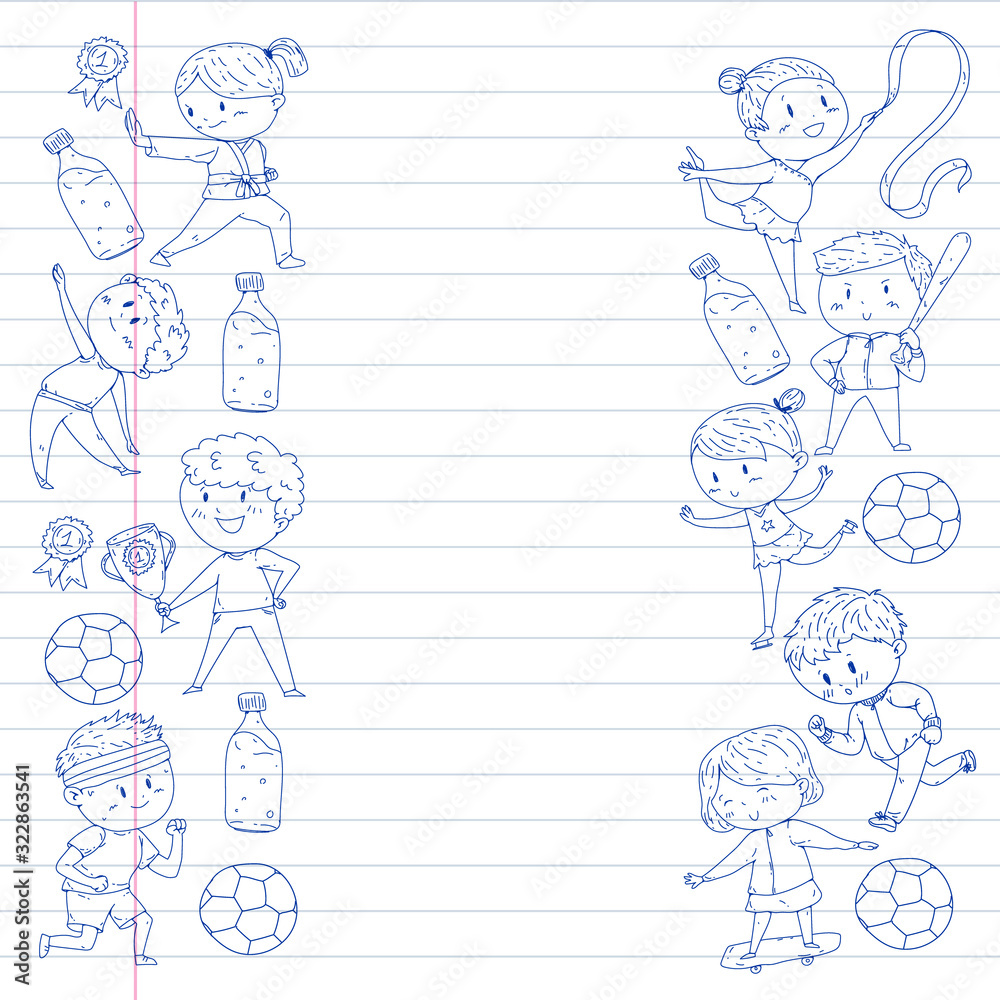 Children and sport. Vector illustration of activities. Football, soccer, running, dancing, martial arts. Health care in school and kindergarten. Children and sport. Vector illustration of activities. Football, soccer, running, dancing, martial arts. Health care in school and kindergarten.