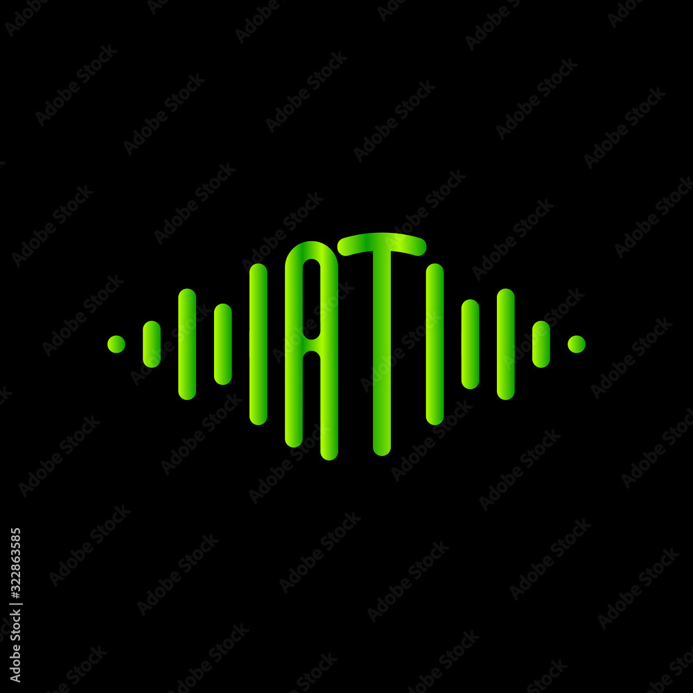 letter AT with Pulse music player element. sound wave logo concept, Multimedia Technology themed, Abstract Shape. Logo template electronic music, equalizer, store, DJ, nightclub, disco. - vector