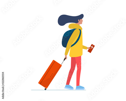 Young woman traveler walking with suitcase and flight ticket. Female millennial with luggage bag and backpack go boarding to plane. Tourist passenger journey concept vector illustration