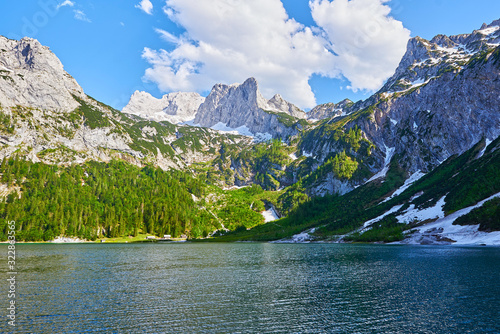 Beautiful Hinterer Gosausee lake landscape with Dachstein mountains in Austrian Alps. Salzkammergut region.
