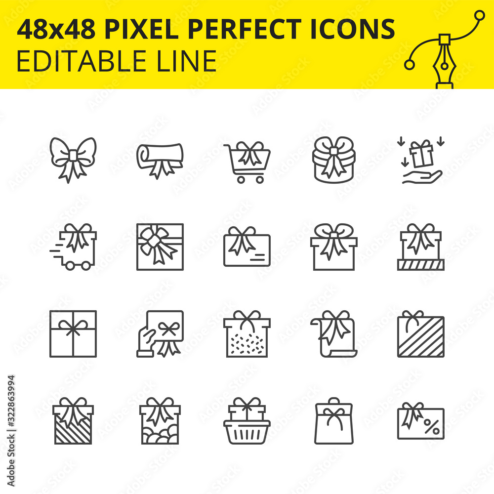 Editable Icons of Gifts, Surprises and Shopping. Includes Gift card, Delivery, Boxes, Сart etc. Pixel Perfect, 48x48 Scale Set. Vector. Editable Icons of Gifts, Surprises and Shopping. Includes Gift card, Delivery, Boxes, Сart etc. Pixel Perfect, 48x48 Scale Set. Vector.