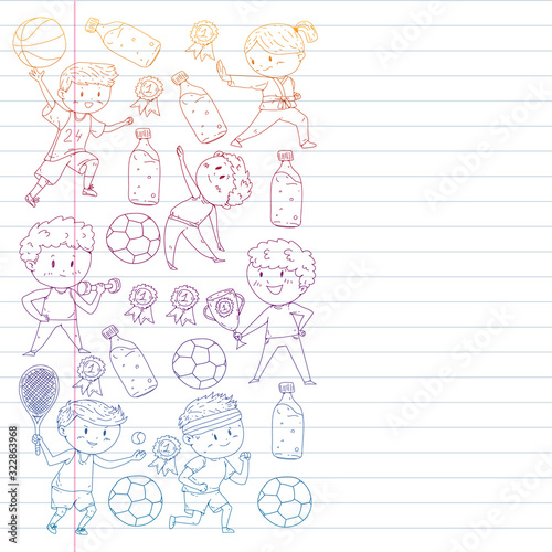Children and sport. Vector illustration of activities. Football, soccer, running, dancing, martial arts. Health care in school and kindergarten.