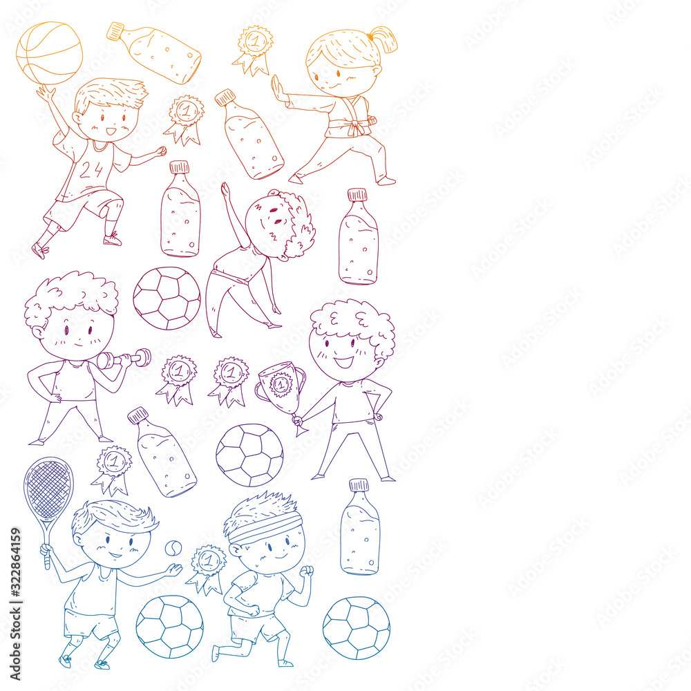 Children and sport. Vector illustration of activities. Football, soccer, running, dancing, martial arts. Health care in school and kindergarten. Children and sport. Vector illustration of activities. Football, soccer, running, dancing, martial arts. Health care in school and kindergarten.