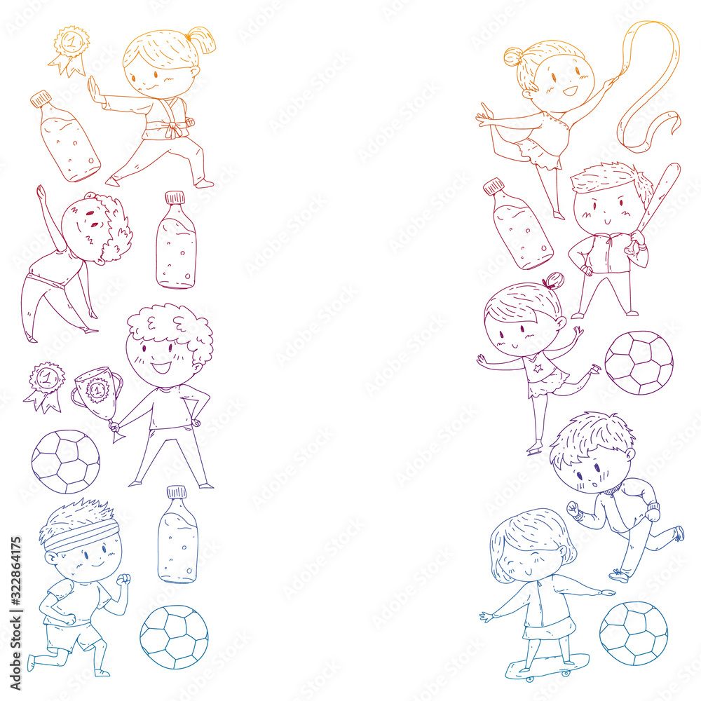 Children and sport. Vector illustration of activities. Football, soccer, running, dancing, martial arts. Health care in school and kindergarten. Children and sport. Vector illustration of activities. Football, soccer, running, dancing, martial arts. Health care in school and kindergarten.