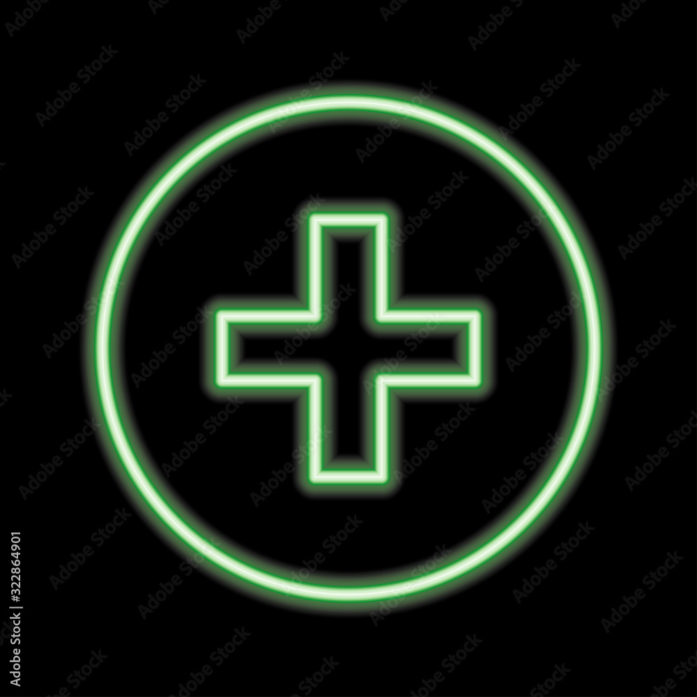Green neon medical cross. Vector silhouette of neon medical cross consisting of outline, with backlight on the dark background Green neon medical cross. Vector silhouette of neon medical cross consisting of outline, with backlight on the dark background