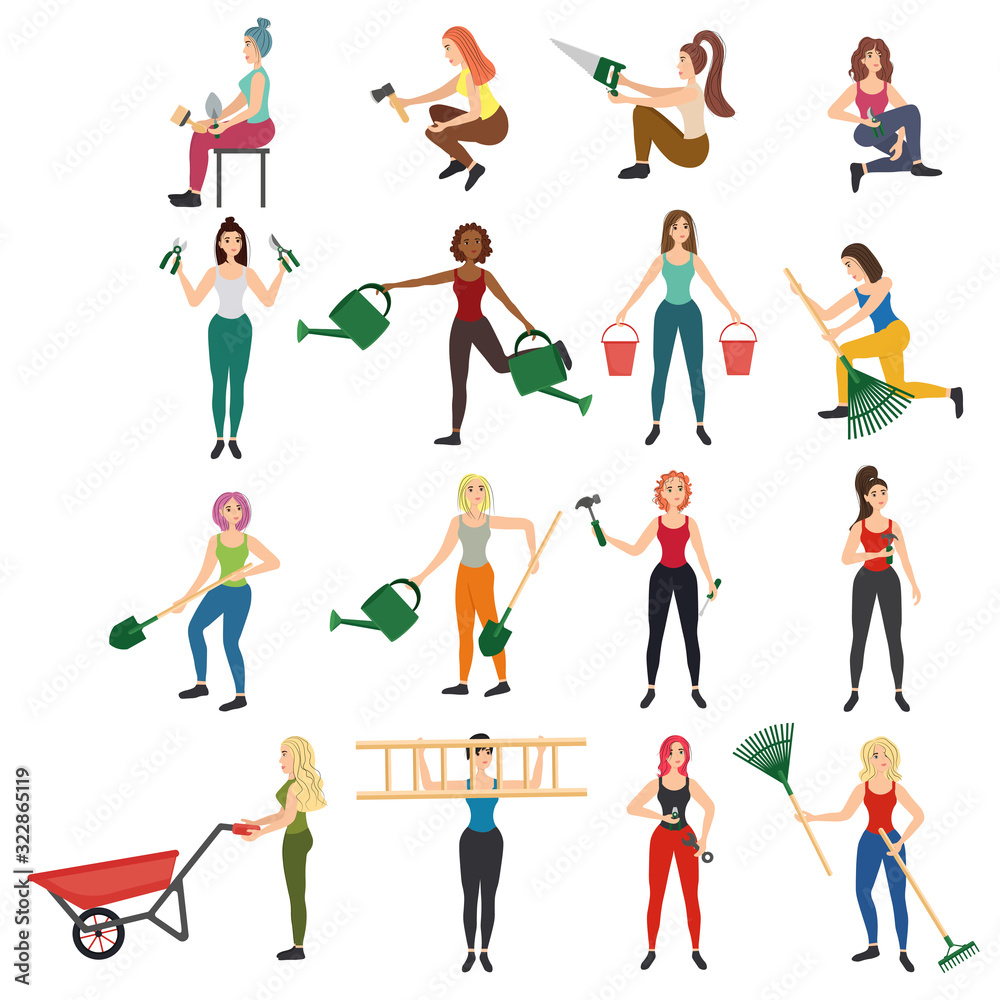 A set of slim, strong and beautiful girls with garden tools and work tools in their hands. Stock vector illustration for decoration and design, web pages, cards, banners, magazines, posters, textiles