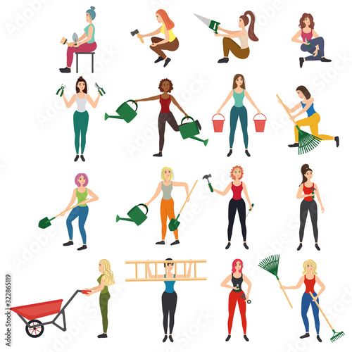 A set of slim, strong and beautiful girls with garden tools and work tools in their hands. Stock vector illustration for decoration and design, web pages, cards, banners, magazines, posters, textiles