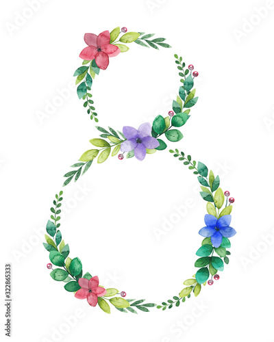 March 8 Women's Day watercolor flower frame, wreath in shape of number eight