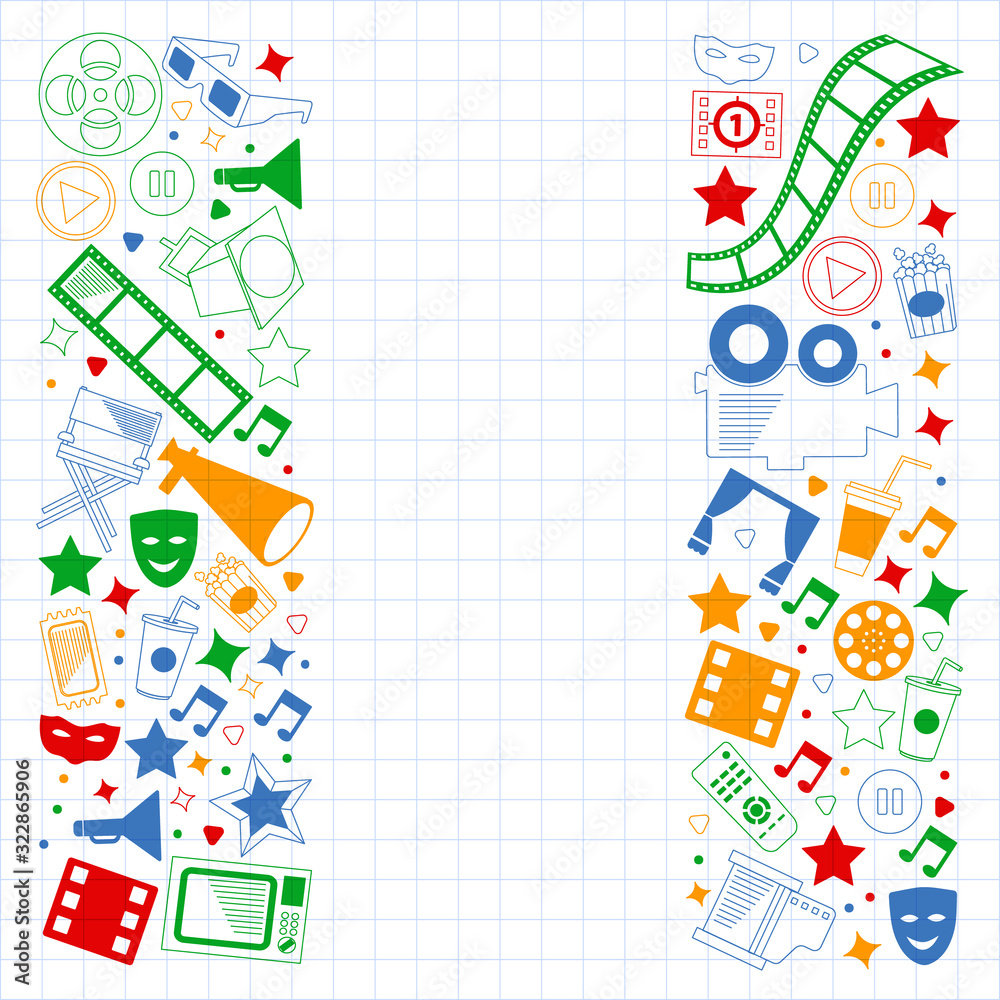 Fototapeta premium Vector pattern with cinema icons. Movie Theater, TV, popcorn, video clips, musical