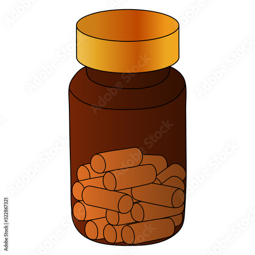 Plastic jar with vitamins. A bottle of pills. Vector illustration. Isolated background. Medicines prescribed by a doctor. Capsules for the treatment of the disease. A tube with a medicine. 