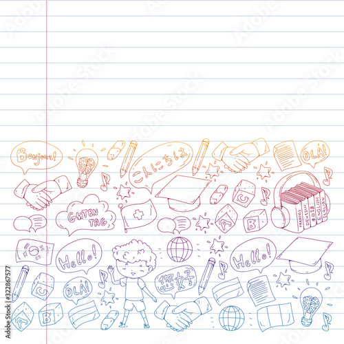 Dialog clouds with HELLO Vector pattern for language class, online courses. English, arabic, italian, japanese, spanish, chinese, german.