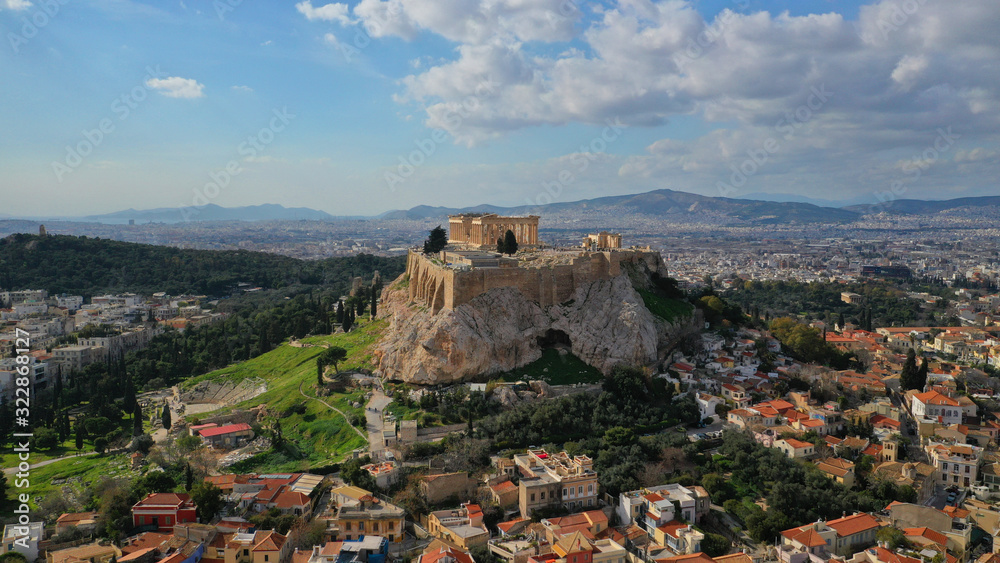 Aerial drone panoramic photo of urban city of Athens and famous Acropolis hill and the Parthenon, Attica, Greece
