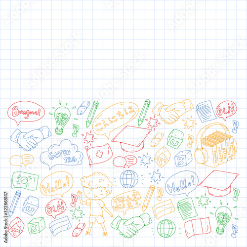 Dialog clouds with HELLO Vector pattern for language class, online courses. English, arabic, italian, japanese, spanish, chinese, german.