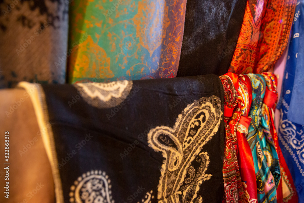 Traditional oriental cloth scarf sold in a store in old town Sheki, Azerbaijan.