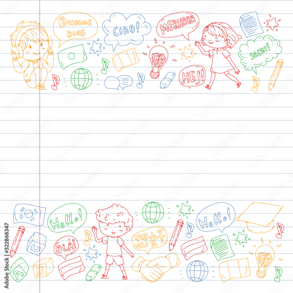 Dialog clouds with HELLO Vector pattern for language class, online courses. English, arabic, italian, japanese, spanish, chinese, german. Dialog clouds with HELLO Vector pattern for language class, online courses. English, arabic, italian, japanese, spanish, chinese, german.