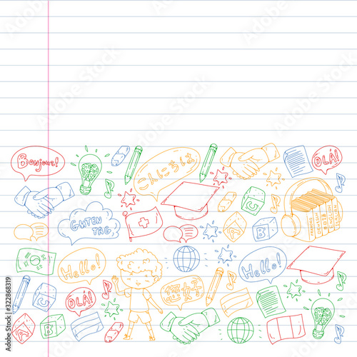 Dialog clouds with HELLO Vector pattern for language class, online courses. English, arabic, italian, japanese, spanish, chinese, german.