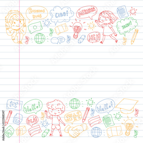 Dialog clouds with HELLO Vector pattern for language class, online courses. English, arabic, italian, japanese, spanish, chinese, german.
