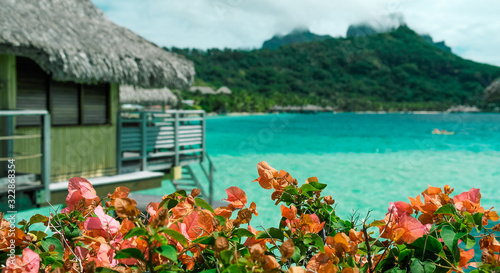 Overwater bungalow with breathtaking lagoon and view of Bora Bora, French Polynesia