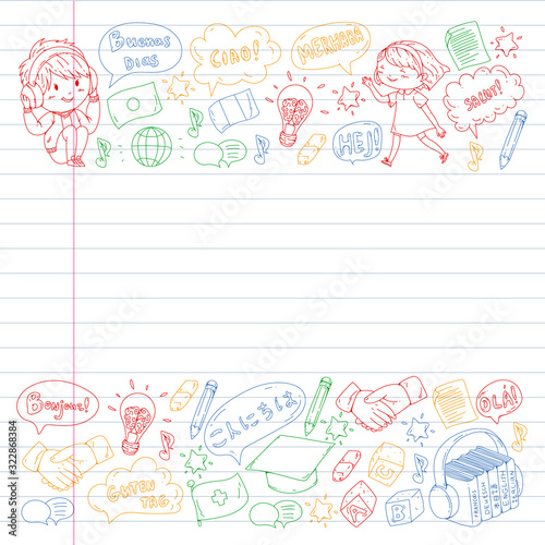 Dialog clouds with HELLO Vector pattern for language class, online courses. English, arabic, italian, japanese, spanish, chinese, german.