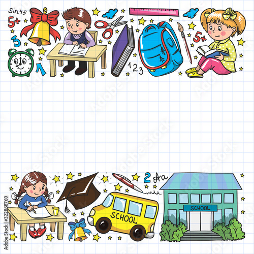 Back to School. Vector pattern with icons and children.