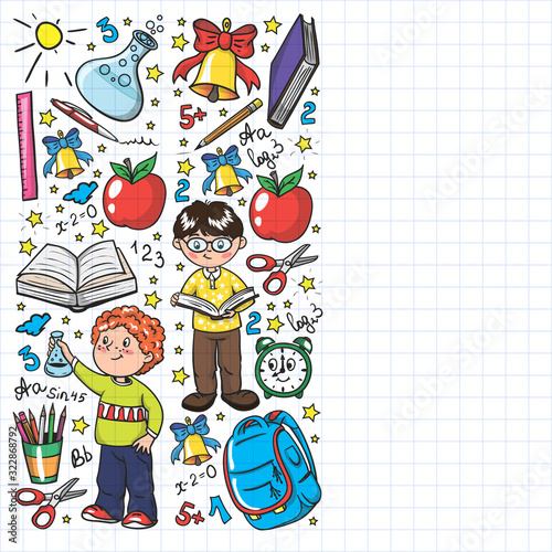 Back to School. Vector pattern with icons and children.