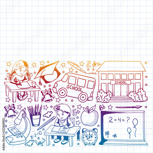 Back to School. Vector pattern with icons and children.