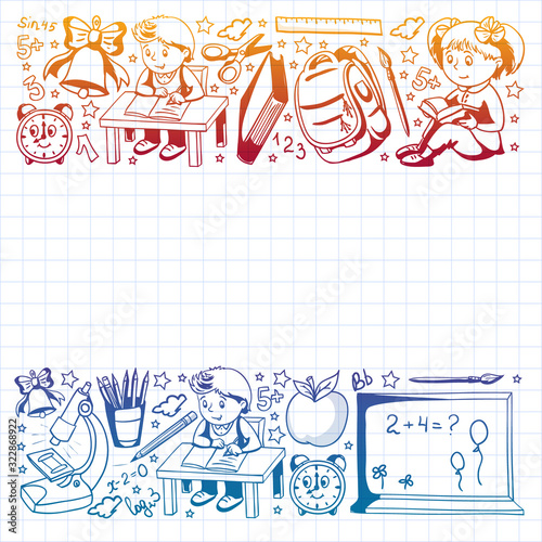 Back to School. Vector pattern with icons and children.
