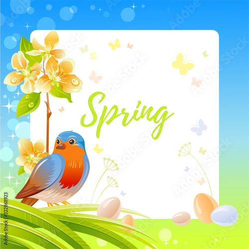 Spring frame with cherry blossom flower, robin redbreast bird, egg, garden element. Cute catroon banner with blue sky, green grass background, vintage watercolor colors. Text spring, white background