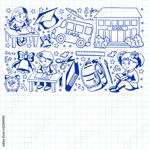 Back to School. Vector pattern with icons and children.