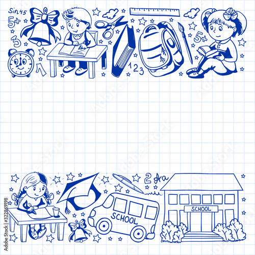 Back to School. Vector pattern with icons and children.