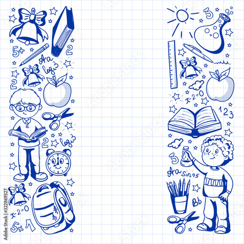 Back to School. Vector pattern with icons and children.