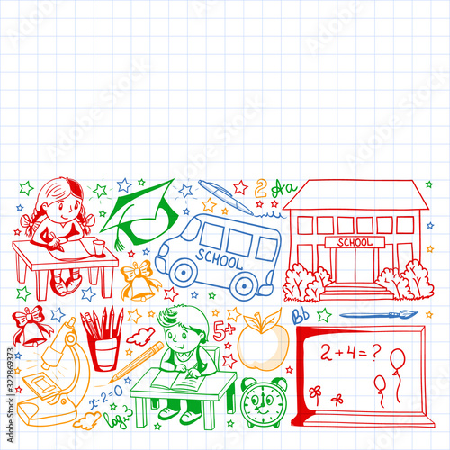 Back to School. Vector pattern with icons and children.