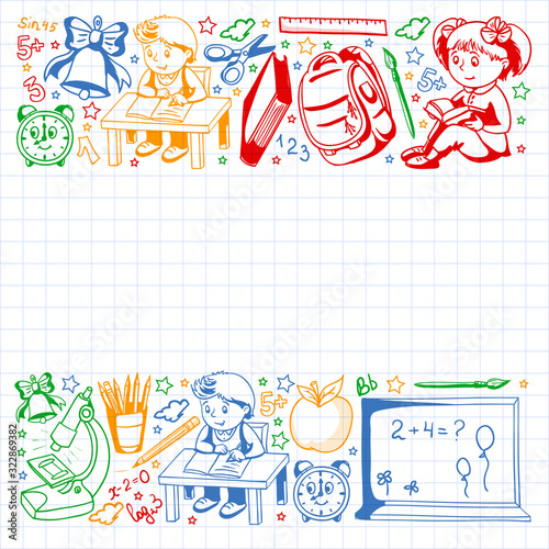 Back to School. Vector pattern with icons and children.
