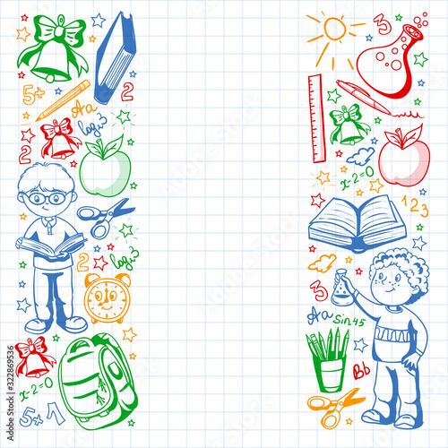 Back to School. Vector pattern with icons and children.