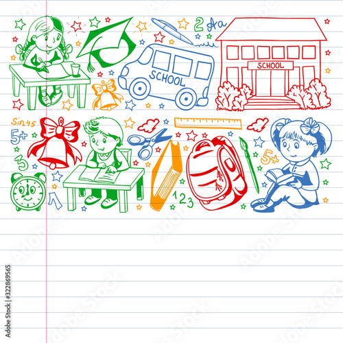 Back to School. Vector pattern with icons and children.