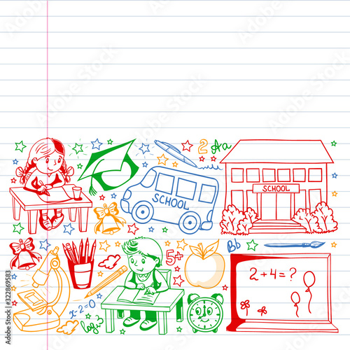 Back to School. Vector pattern with icons and children.