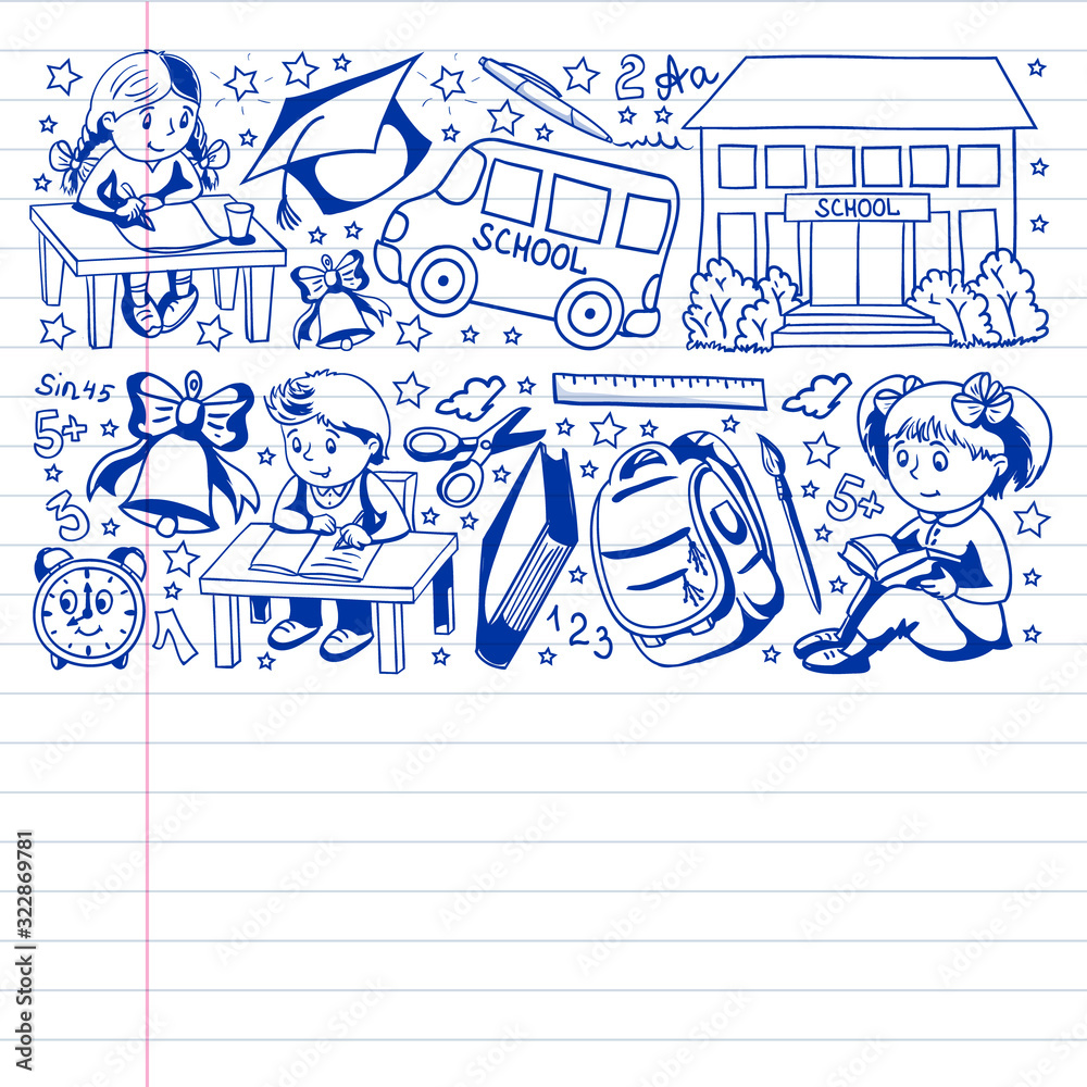 Back to School. Vector pattern with icons and children.