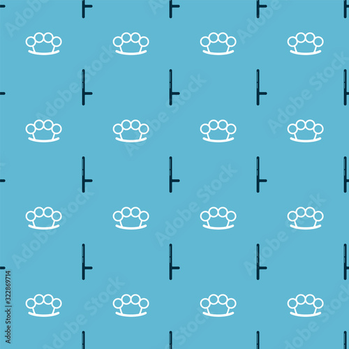 Set Police rubber baton and Brass knuckles on seamless pattern. Vector