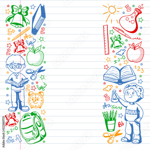 Back to School. Vector pattern with icons and children.