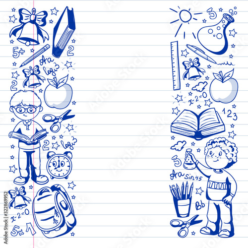 Back to School. Vector pattern with icons and children.