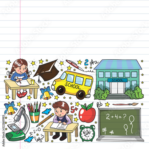 Back to School. Vector pattern with icons and children.