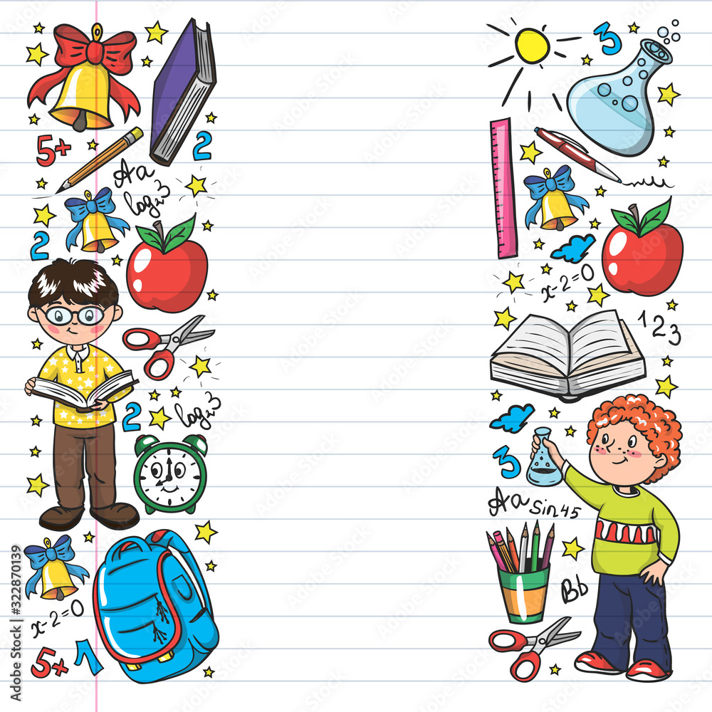 Obraz premium Back to School. Vector pattern with icons and children.