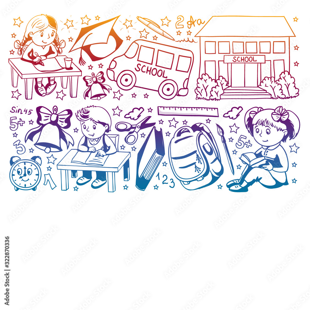 Back to School. Vector pattern with icons and children.