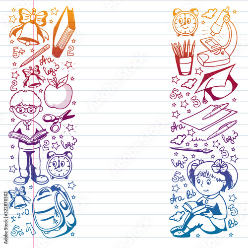 Back to School. Vector pattern with icons and children.